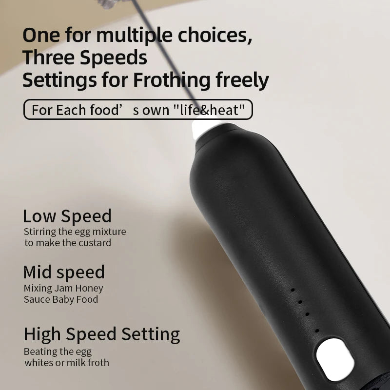 Wireless Electric Milk Frother & Egg Beater — USB-C Rechargeable Handheld Coffee Whisk, 3-Speed Mini Foam Maker
