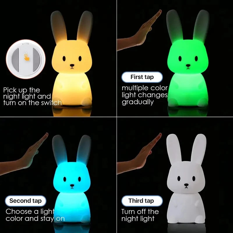 Silicone Rabbit Night Light - Touch Sensor LED, 7-Color USB Rechargeable Kids & Nursery Lamp