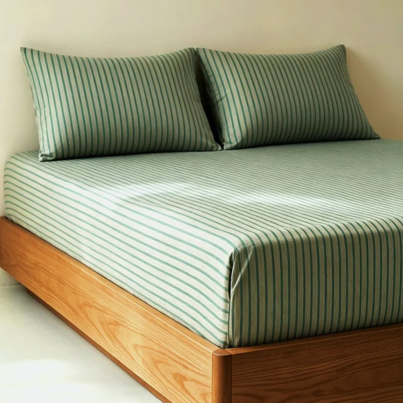 3-Piece Stripe Fitted Sheet Set – Elastic Anti-Slip Adjustable Fitted Mattress Cover with 2 Pillowcases