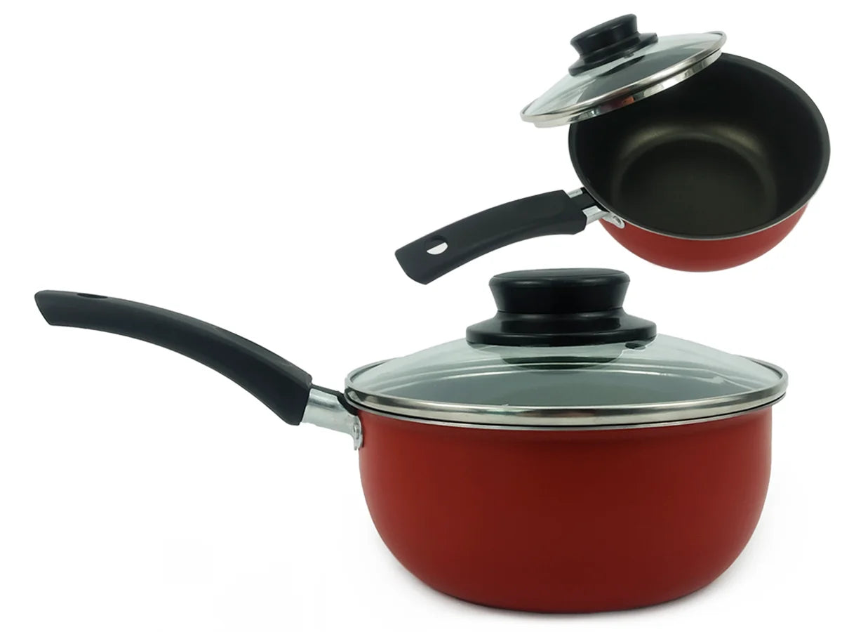 8-Piece Nonstick Aluminum Cookware Set with Tempered Glass Lids & Utensils, Red