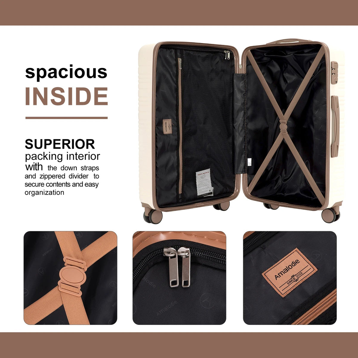 FanzyMarket 5-piece hardshell luggage set with 28, 24, 20-inch spinner suitcases, TSA lock, double 360° wheels, duffle, and toiletry bag.