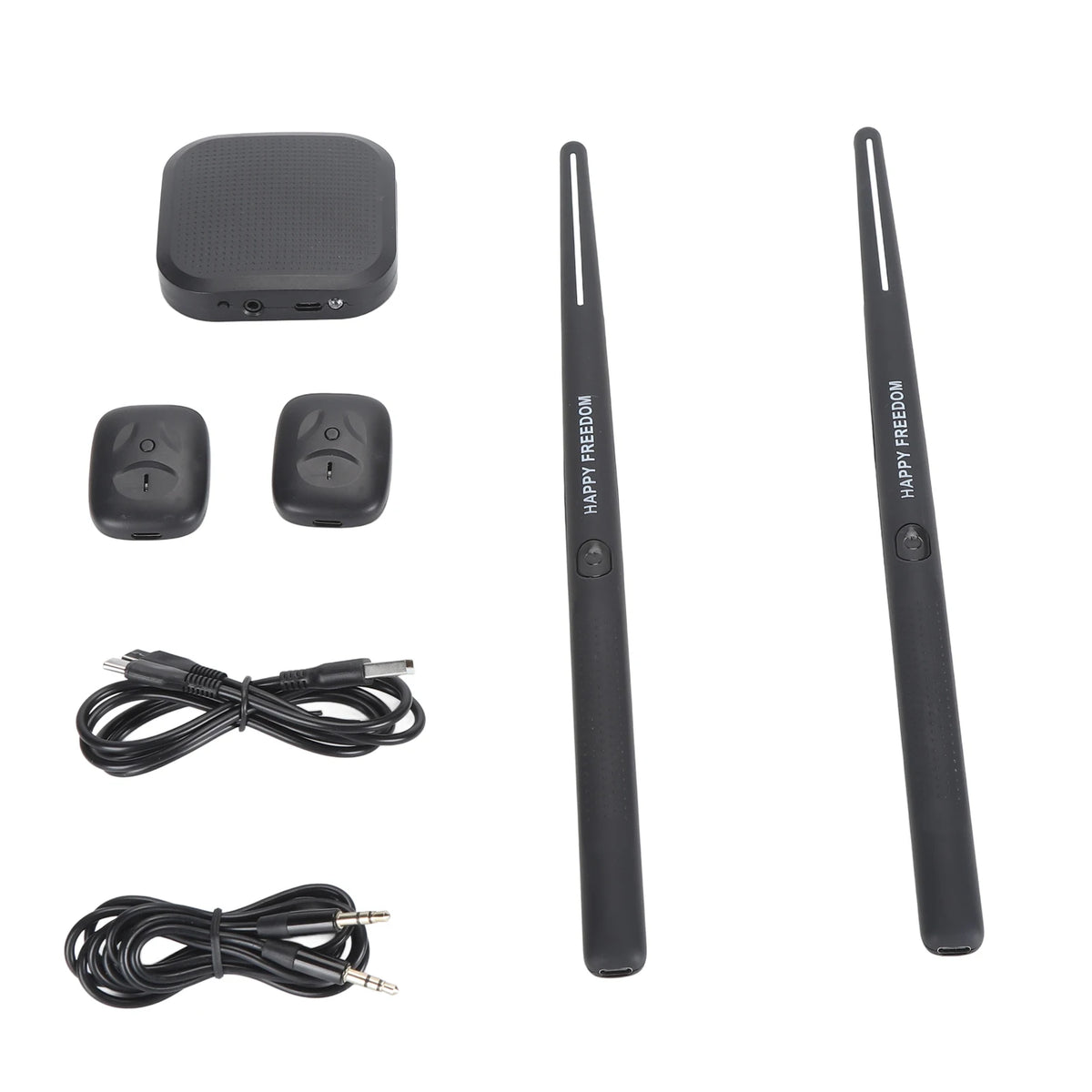 VR air drum set package contents with drumsticks, pedals and cables