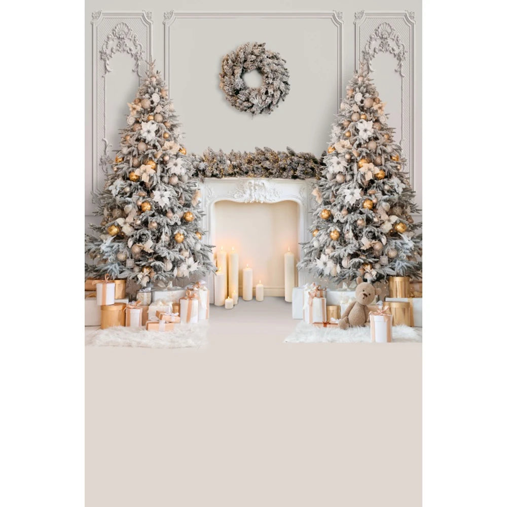 Christmas Photography Backdrop - Santa, Tree & Fireplace Winter Snow Wood Floor Portrait Background