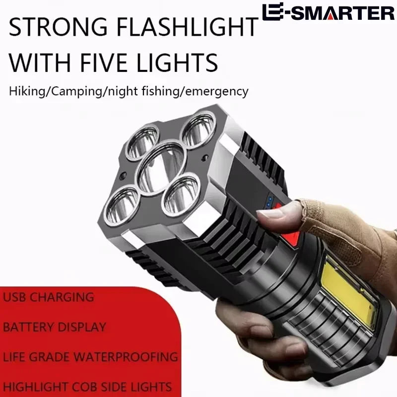 5-LED High Power Rechargeable Camping Flashlight with Side Light, 3 Modes — 100–200m (328–656 ft) Range