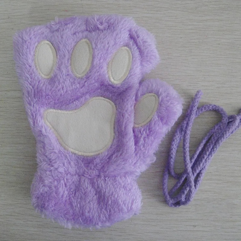 Cute Cat Paw Fingerless Mittens Plush Half-Finger Warm Fluffy Gloves for Women & Unisex