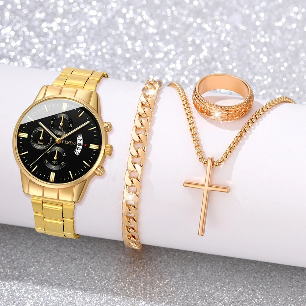 Men's Stainless Steel Quartz Wrist Watch with Calendar – 41mm Round Business Dress Watch