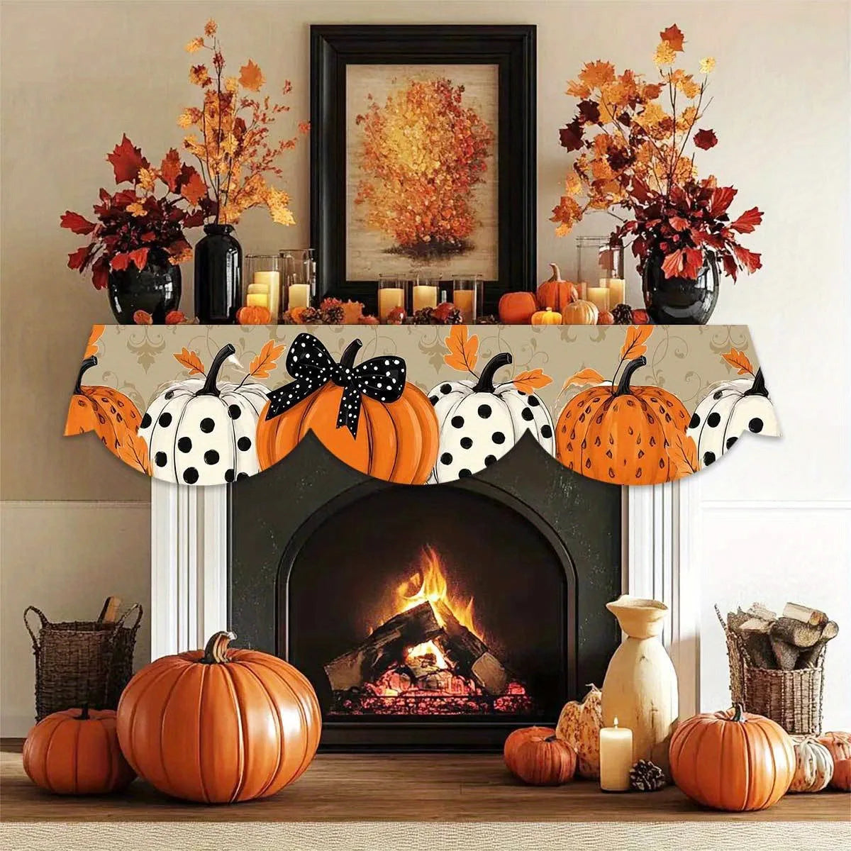Golden Pumpkin Table Runner - Black & White Polka Dot Fireplace Scarf, Autumn Home Decor