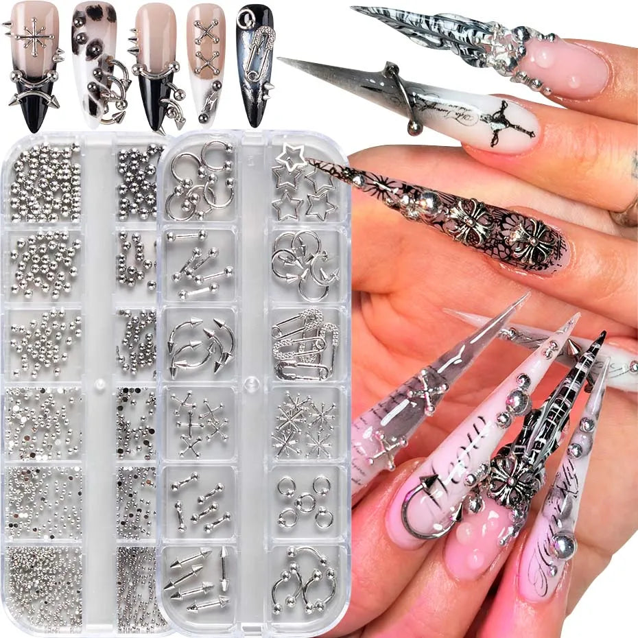 12-Grid Silver Gothic Punk Nail Charms - Metal Rivet Studs for DIY Nail Art Y2K Grunge
