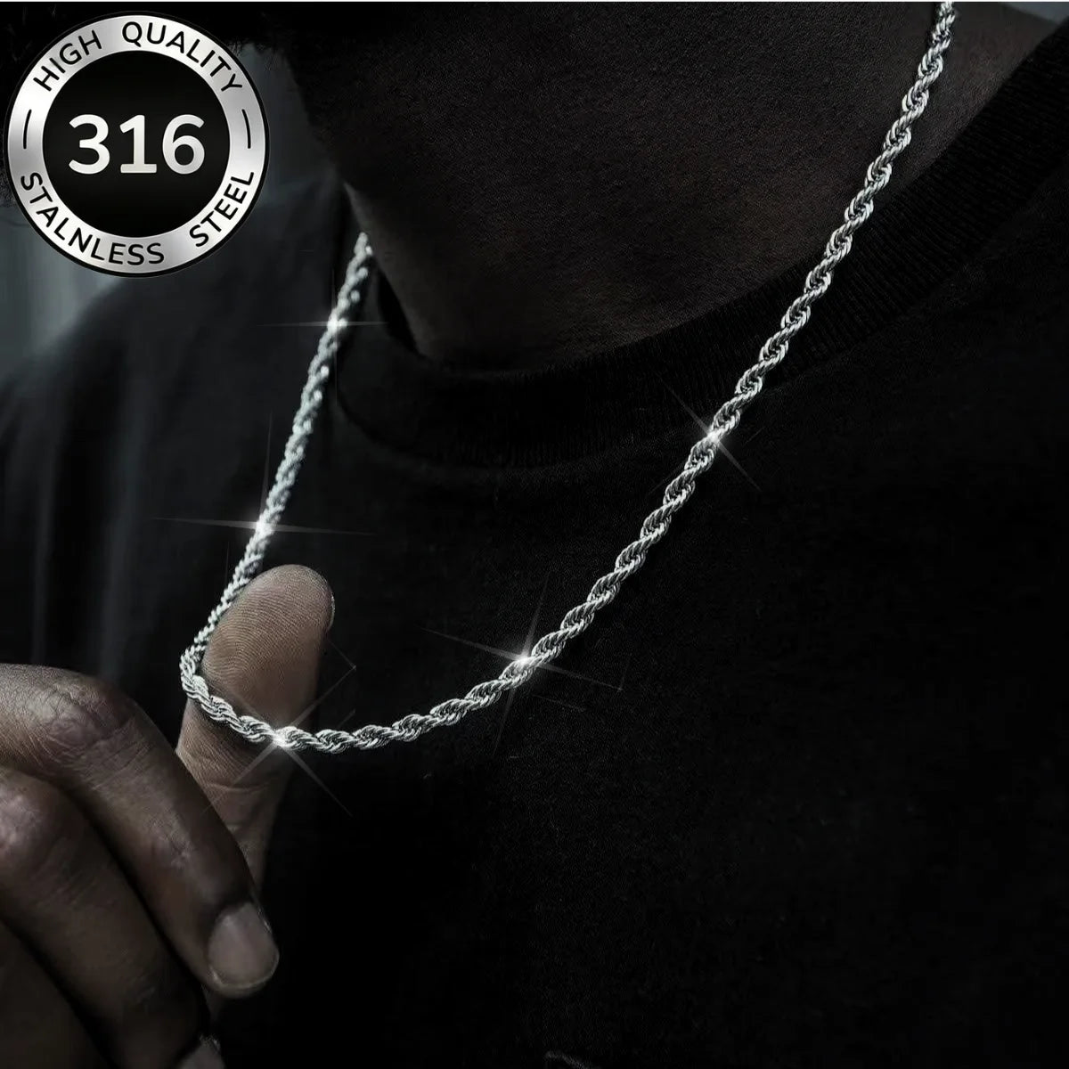 Silver Stainless Steel Rope Chain Necklace — Twisted Singapore Link for Men & Women, Widths 2mm/3mm/4mm/5mm (0.08–0.20 in)