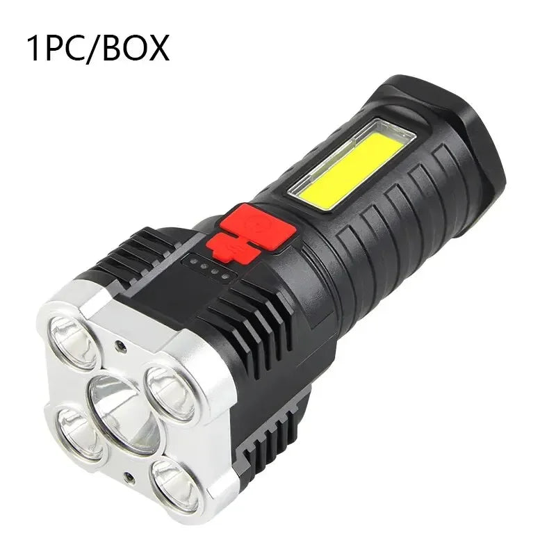 5-LED High Power Rechargeable Camping Flashlight with Side Light, 3 Modes — 100–200m (328–656 ft) Range