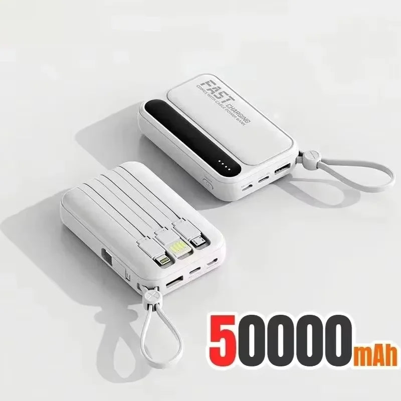 Fast Charging 50000mAh Power Bank with 4 Built-in Type-C Cables - 120W Portable Charger for iOS and Android Devices