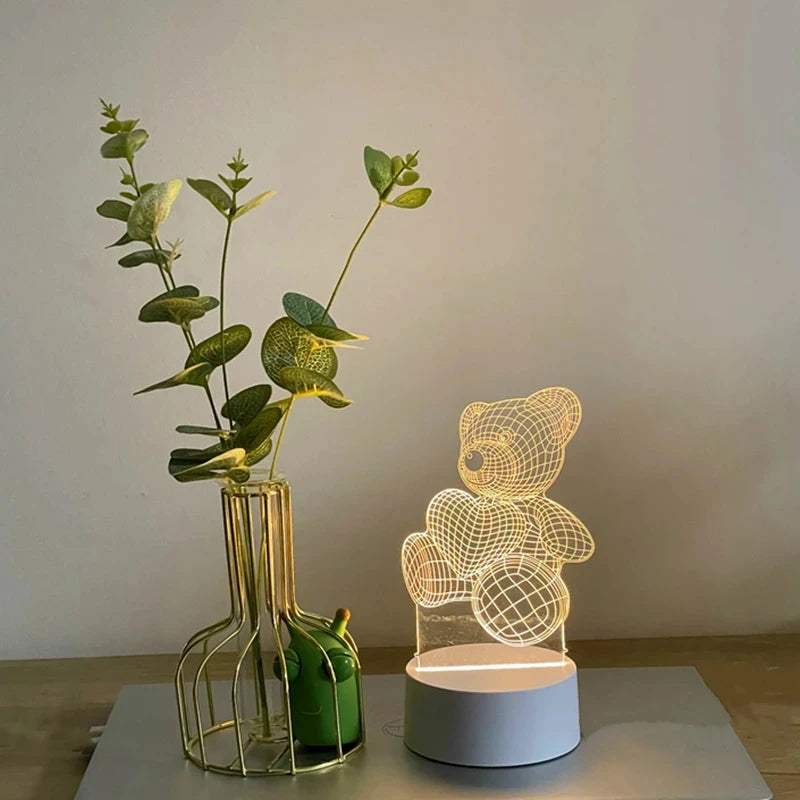 3D Bear LED Night Light Acrylic USB Lamp - Cute Animal Table Lamp for Bedroom, Nursery, Christmas & Gift