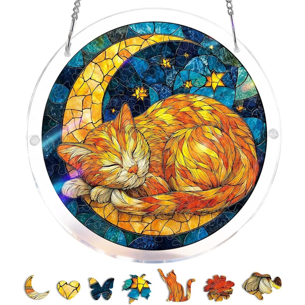83-Piece 7.4in (18.8cm) Round Acrylic Puzzle Sun Catcher - UV-Printed Window Hanging with Metal Chain