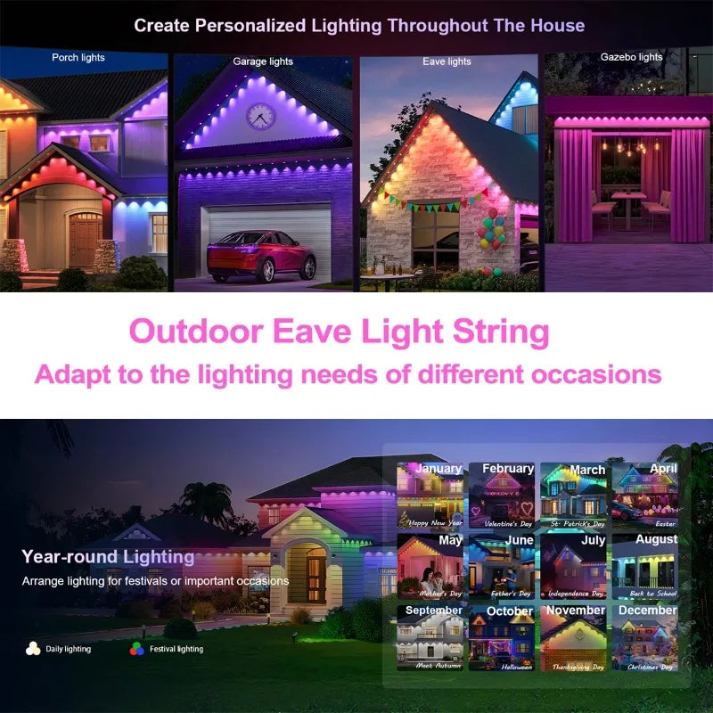 FanzyMarket Smart RGBIC outdoor LED eave string lights in 30m with remote, app control, voice compatibility, ideal for holiday and patio decor