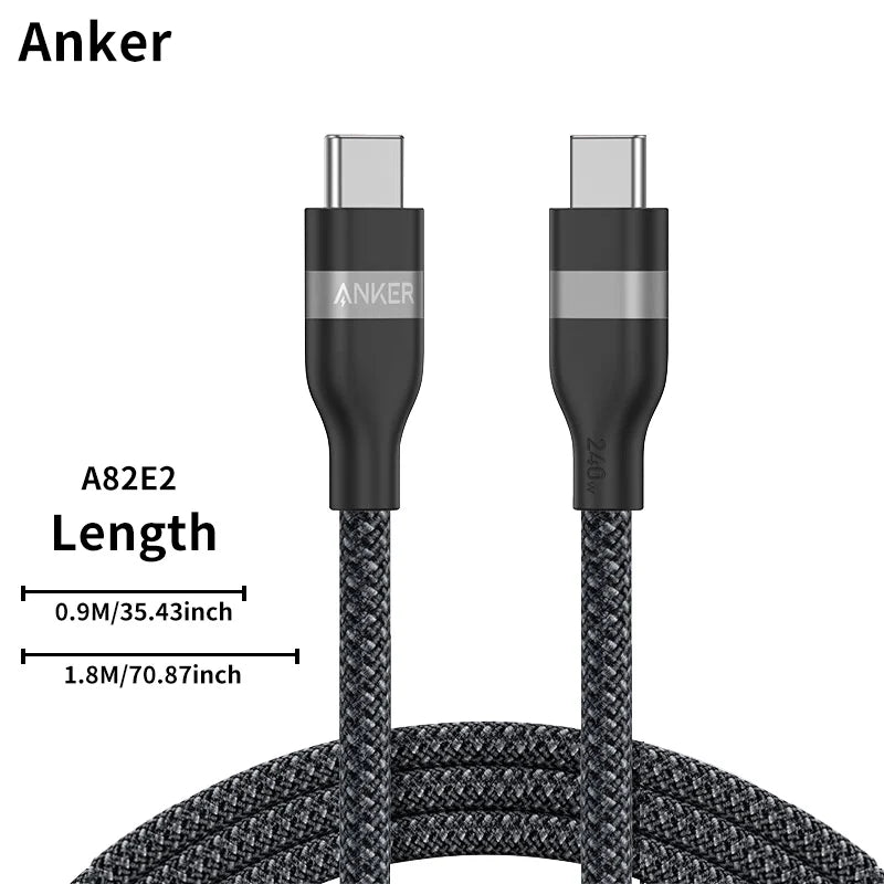 240W USB-C to USB-C cable in black braided design, 3ft and 6ft lengths