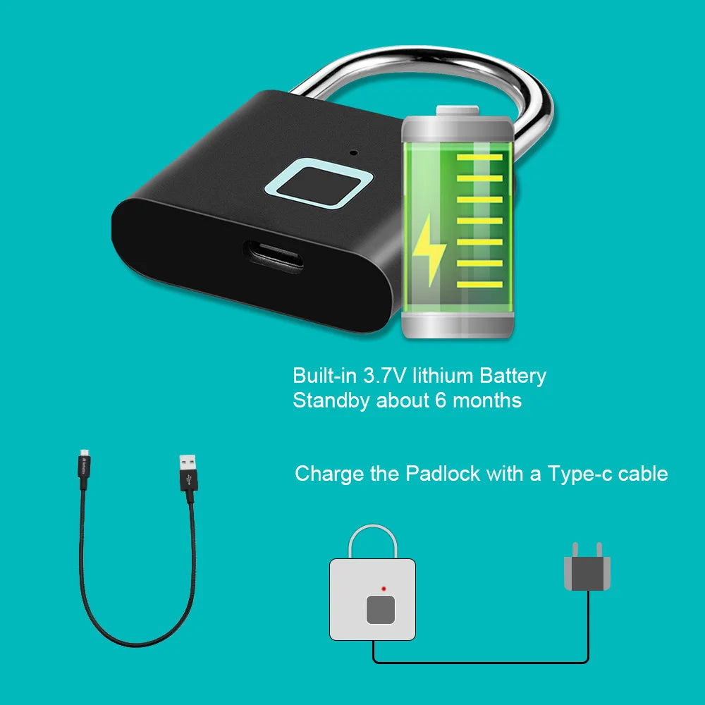 Smart Fingerprint Padlock - Waterproof Keyless Rechargeable Type-C Security Lock for Gym, Luggage & Home