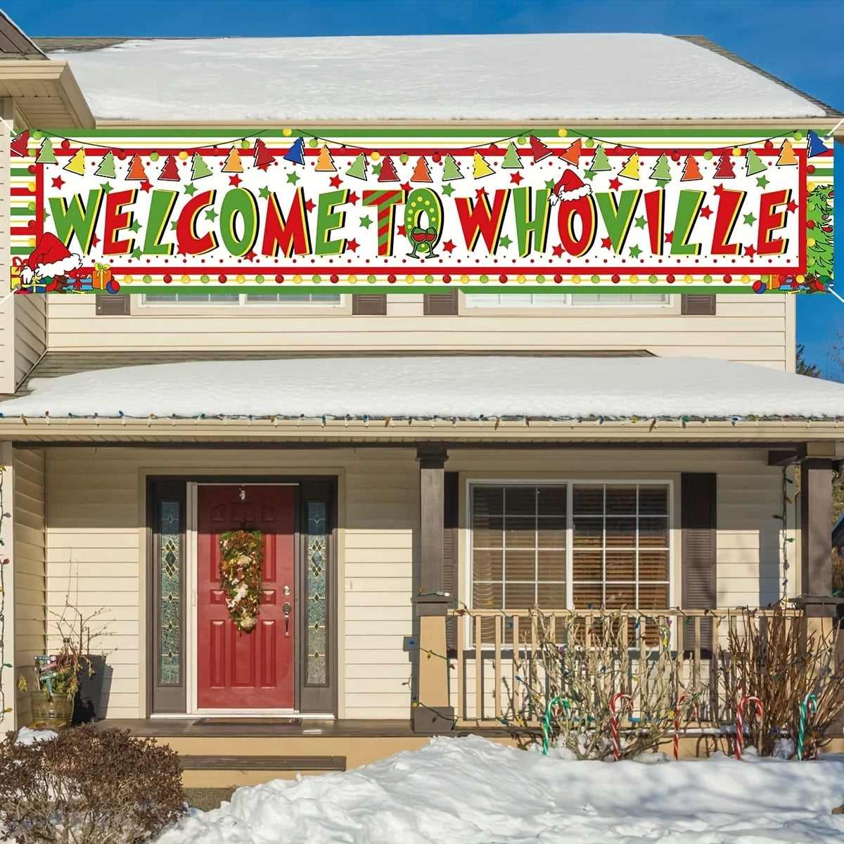 Large Welcome to Whoville Outdoor Christmas Banner - Grinch Yard Sign Hanging Decoration