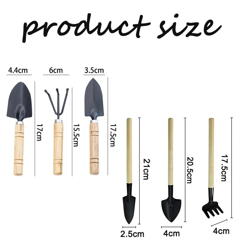 3-Piece Mini Gardening Tools Set - Portable Trowel, Rake and Harrow with Wooden Handles for Indoor Plants and Soil Loosening