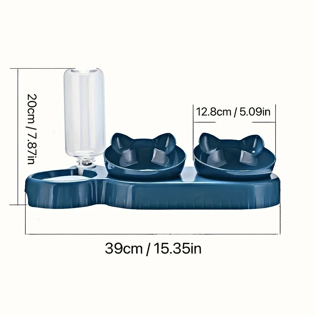 3-in-1 Tilted Cat Food & Water Bowl Set with Gravity Water Feeder — Ear Design for Neck Protection