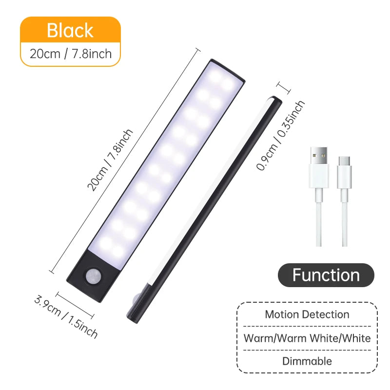 Rechargeable Motion Sensor LED Night Light — USB Wireless Cabinet & Wardrobe Light with Magnetic Mount, 3 Color Temperatures (3000K/4000K/6000K)