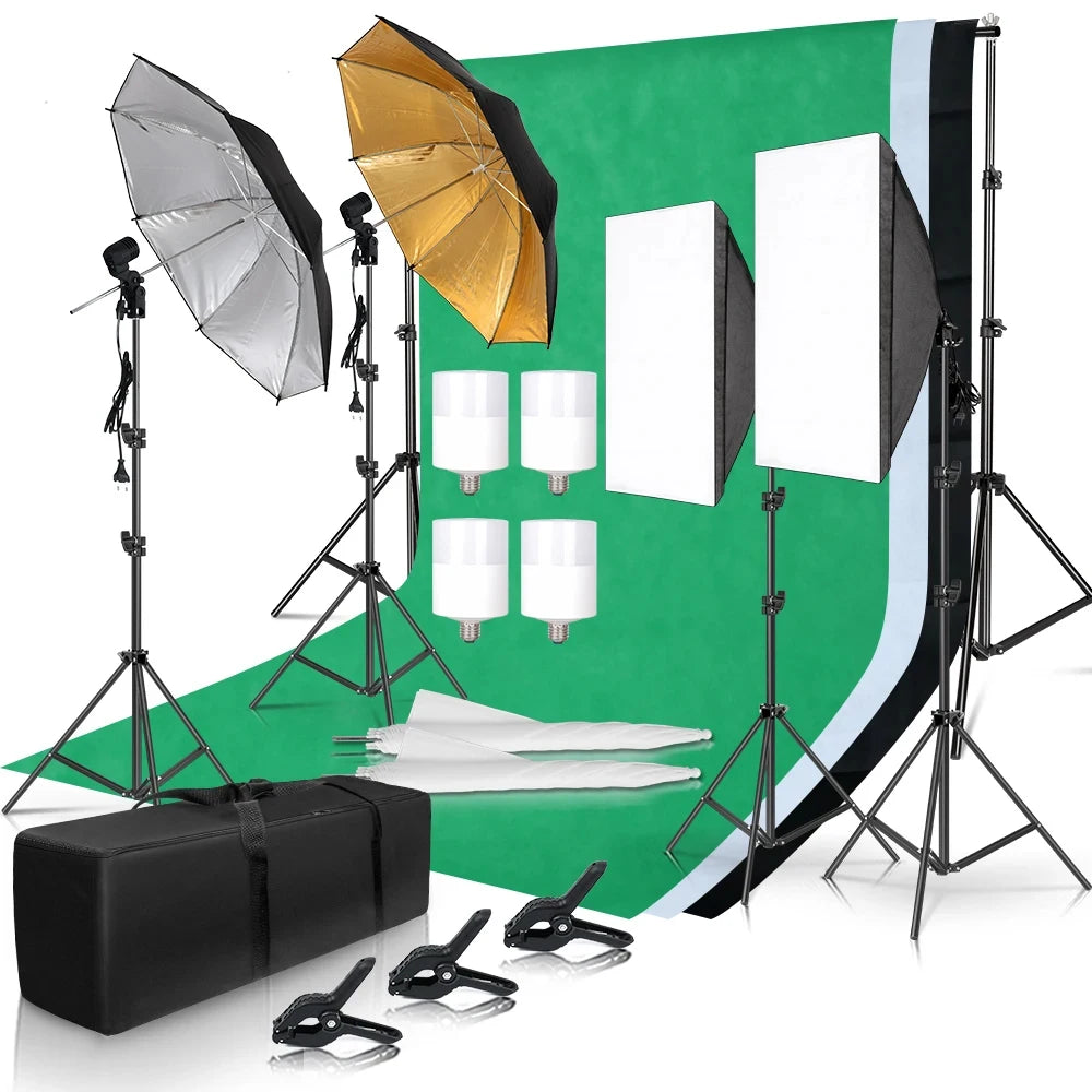 Photography Lighting Kit Softbox Umbrellas 33in/84cm 50x70cm Backdrops Light Stands Portable Photo Studio