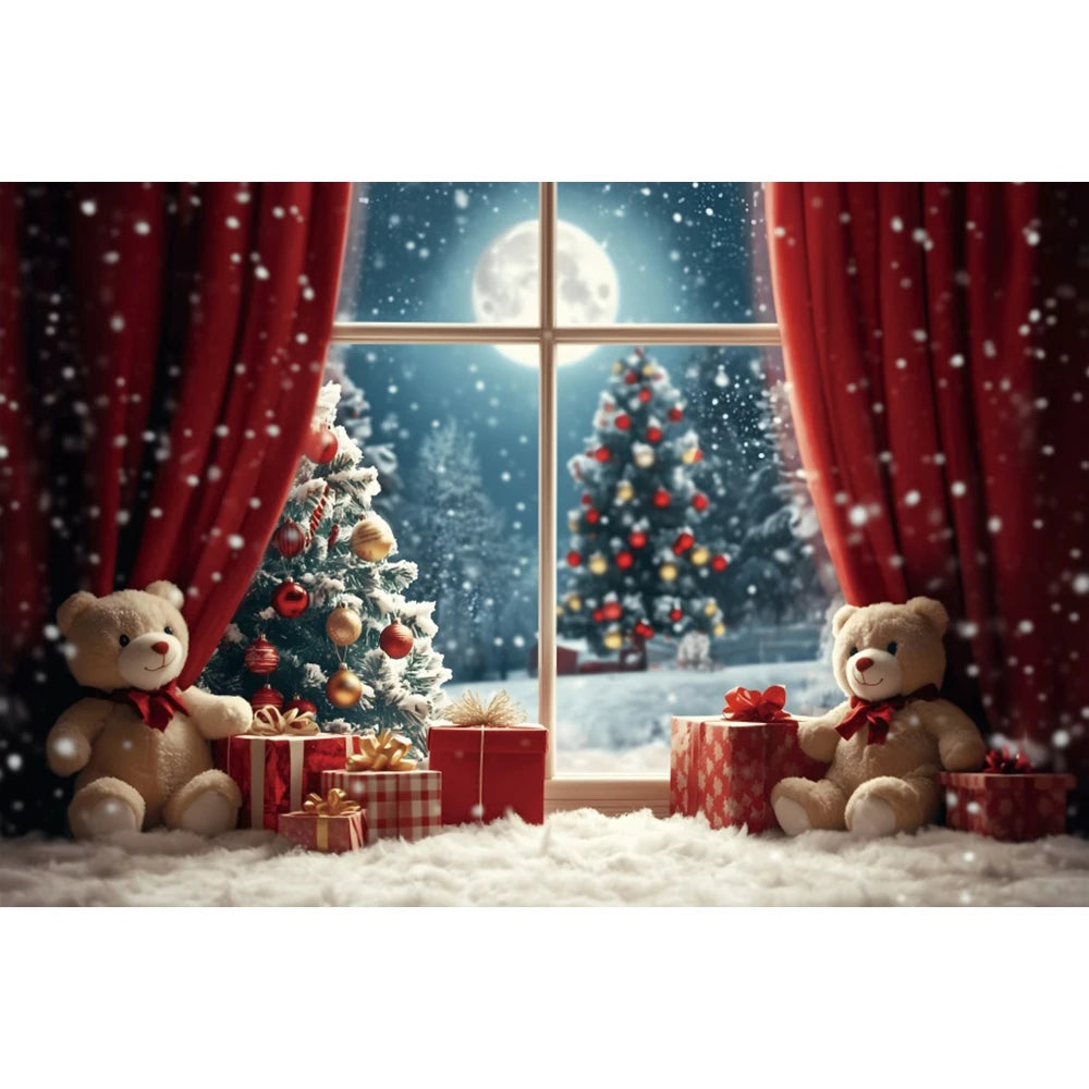 Christmas Photography Backdrop - Red Curtain & Window Scene with Snowy Bear and Gifts for Kids & Family Portraits