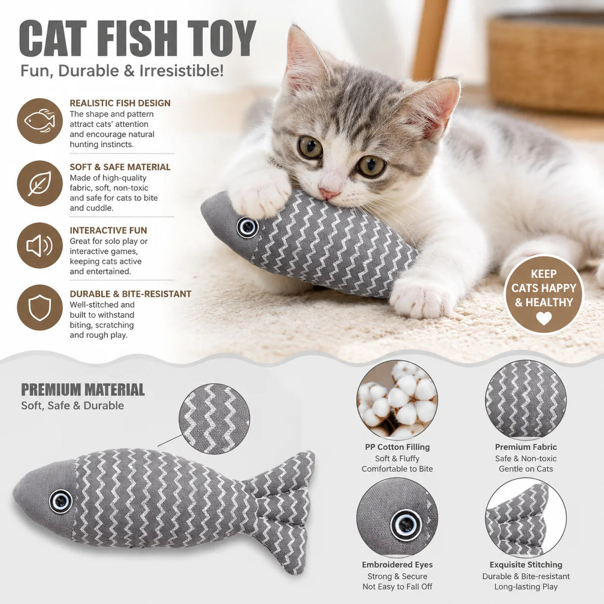 Interactive Catnip Fish Toy - Plush Kicker for Indoor Cats, 22 x 8 cm (8.7 x 3.1 in)