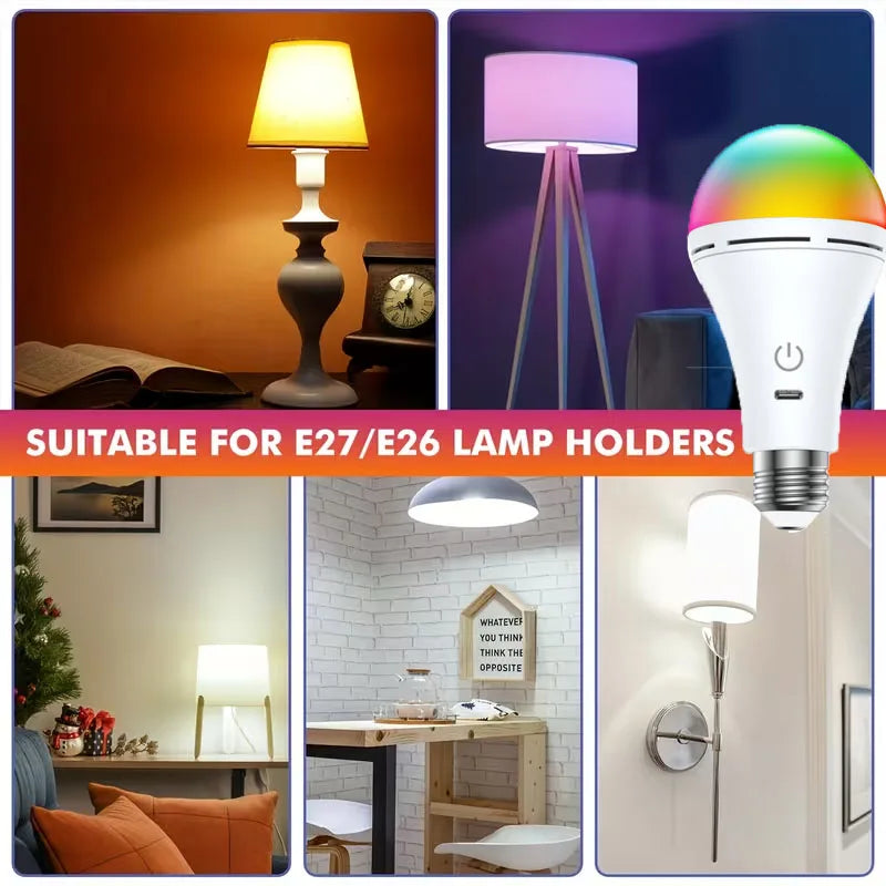 Smart USB Rechargeable E27 LED Bulb – RGB Color Changing & Warm/Cool White, Touch Dimmable Cordless Emergency Light