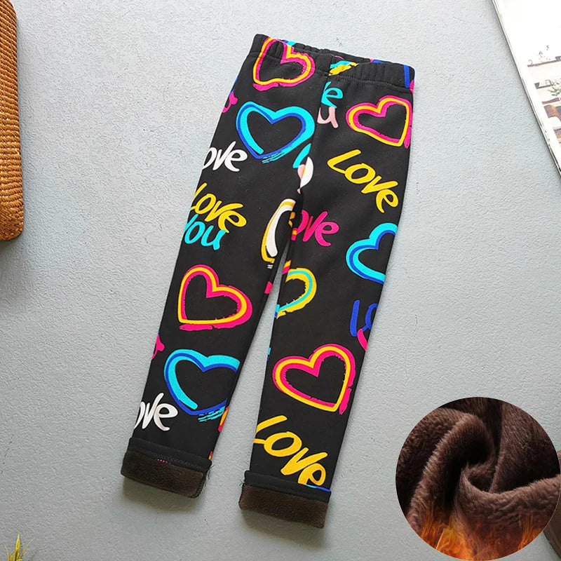 Kids Warm Fleece-Lined Cartoon Leggings Thick Plus Velvet Winter Pants Ages 4-6