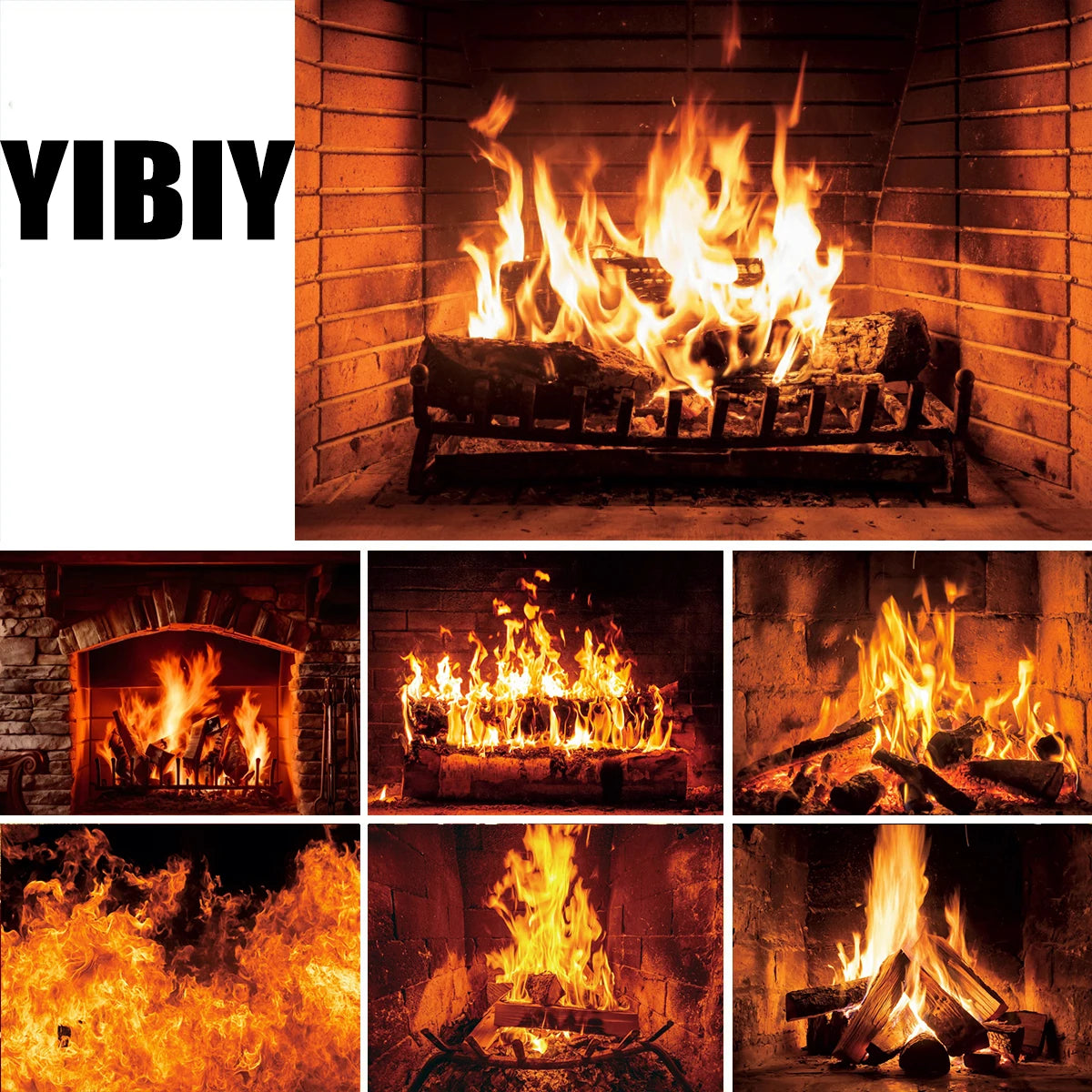 Christmas Fireplace Photography Backdrop - Burning Firewood Flame Brick Wall Photo Studio Background
