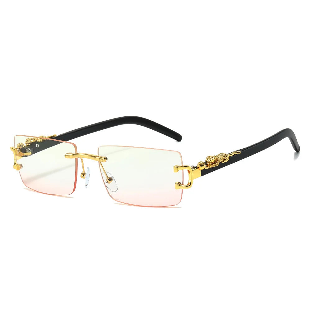 Rimless Rectangular Sunglasses with Cheetah Accent, UV400 Sun Protection, Unisex