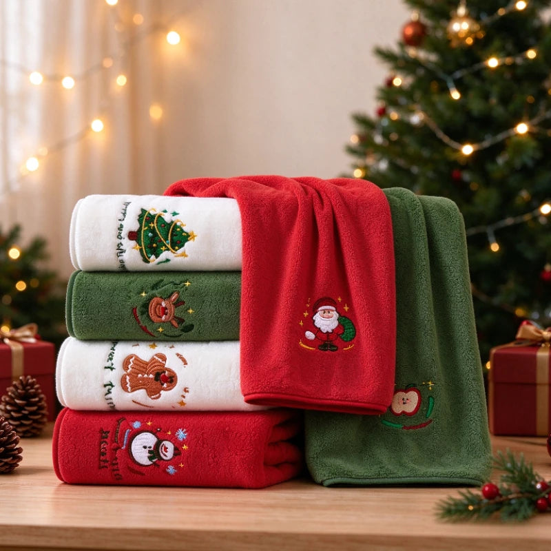Christmas Coral Fleece Embroidered Hand & Face Towel 35 x 75 cm (13.8 x 29.5 in) Super Plush Absorbent Holiday Gift