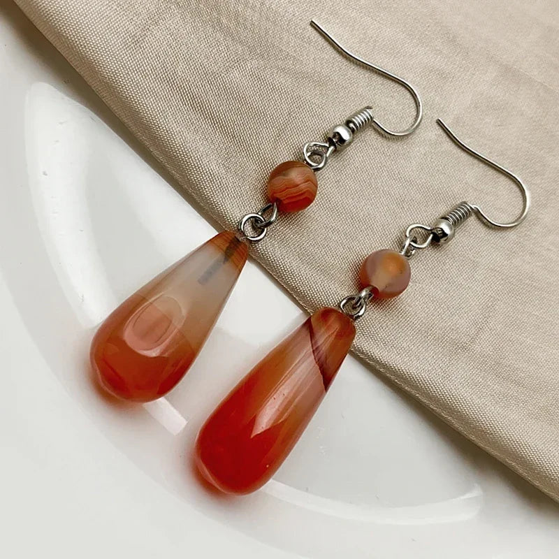 Korean Natural Stone Drop Earrings – Handmade Malachite & Tiger Eye Statement Earrings for Women Party Gift