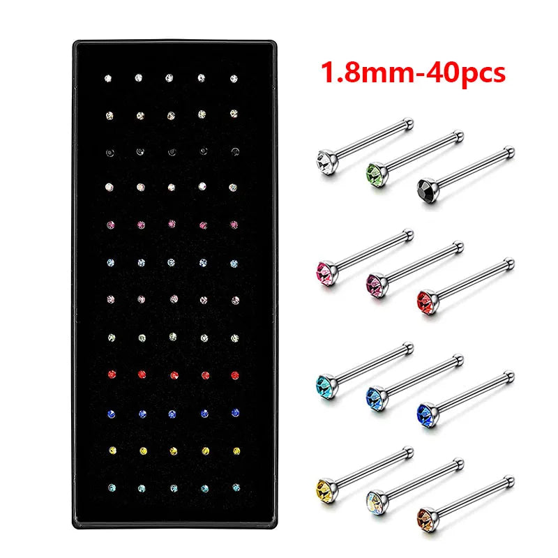 40/60-Piece Crystal 316L Stainless Steel Nose Piercing Kit - Straight L Studs & Helix Body Jewelry
