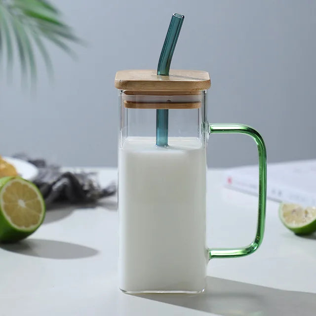 400ml (13.5 oz) Square Glass Mug with Lid and Straw — Microwave Safe Coffee, Milk & Party Drinkware