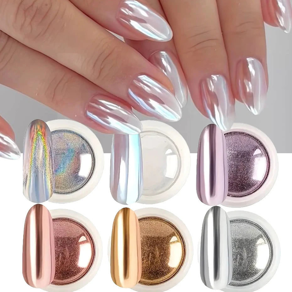 6-Pack Chrome Mirror Nail Powder Set Gold Silver Rose Gold White Holographic Aurora Iridescent Nail Art Pigments