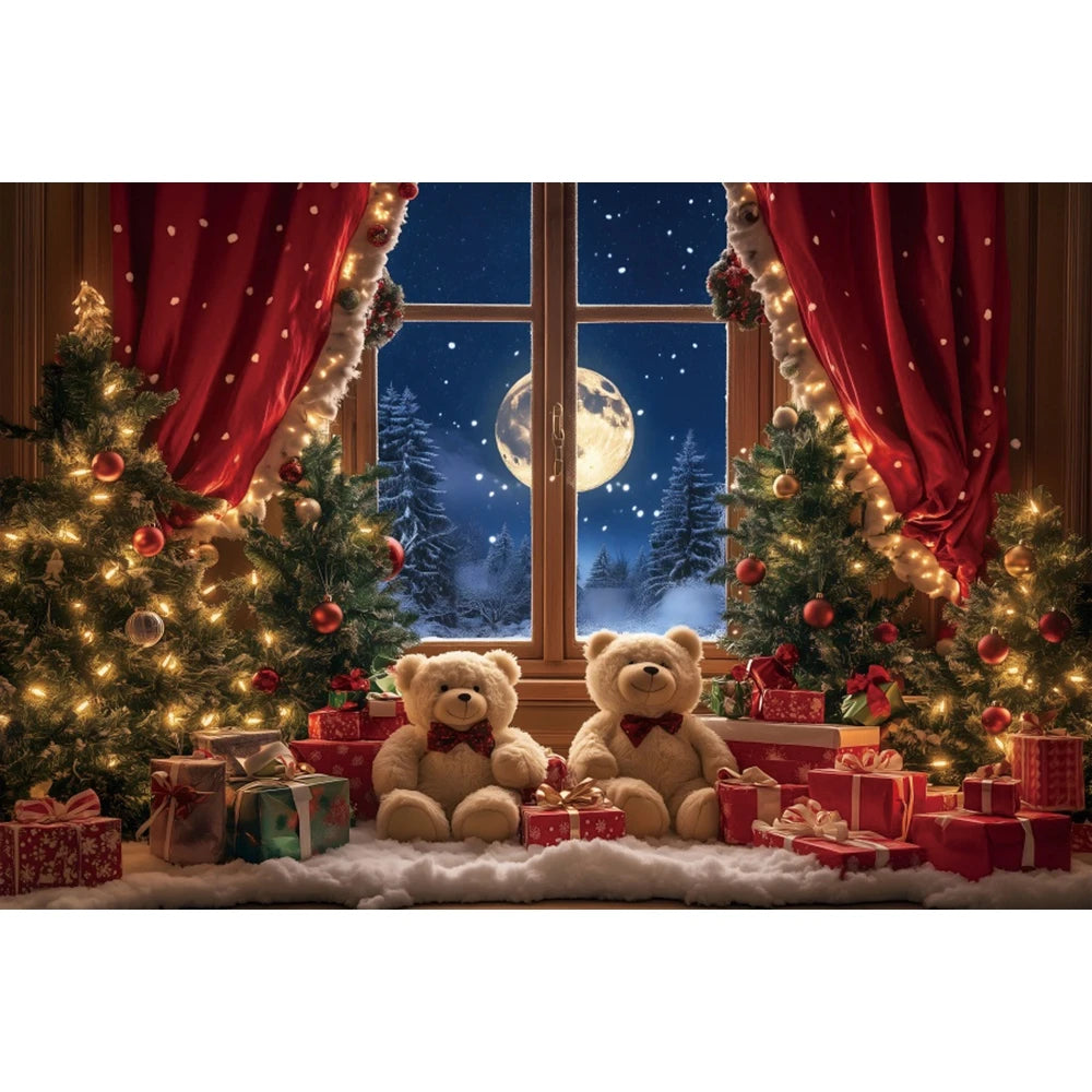 Christmas Photography Backdrop - Red Curtain & Window Scene with Snowy Bear and Gifts for Kids & Family Portraits
