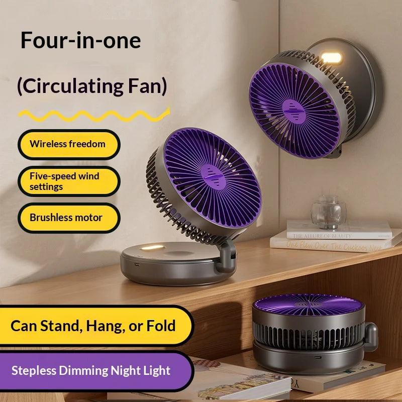 5000mAh Foldable Glow-in-the-Dark Rechargeable Wall-Mount Portable Quiet High-Speed Desk Fan for Office and Students
