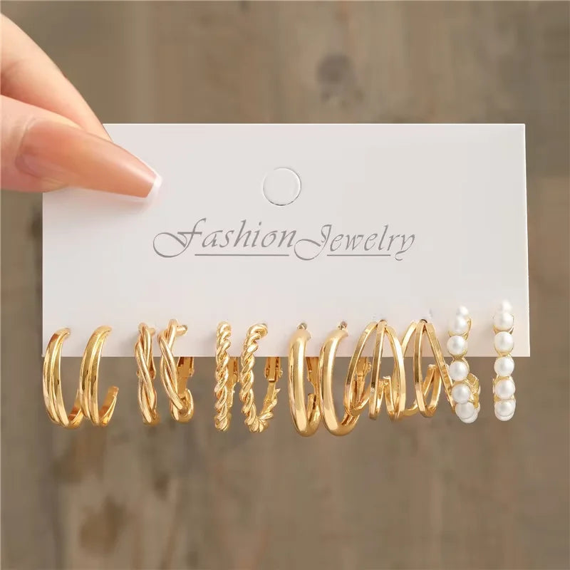 Geometric Hoop Earring Set for Women - Bohemian Pearl & Gold Drop Earrings, Vintage Punk Daily Wear Jewelry Gift