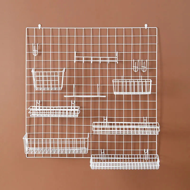 Wall Mounted Wire Grid Organizer with Removable Baskets, Hooks and Shelves, Iron Mesh Storage Panel