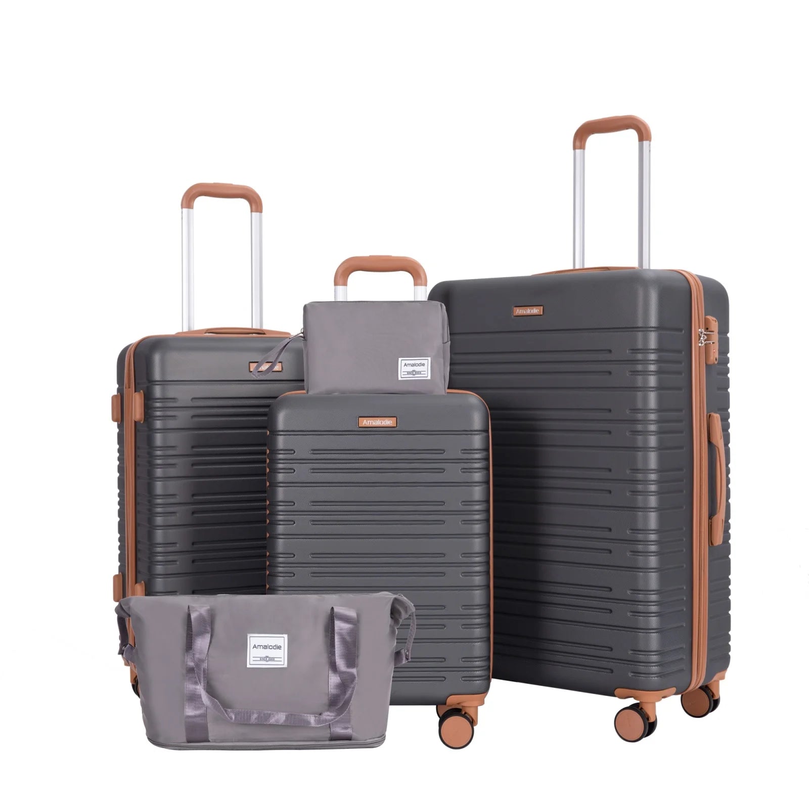 FanzyMarket 5-piece hardshell luggage set with spinner suitcases, TSA lock, duffle bag, and toiletry bag for travel.