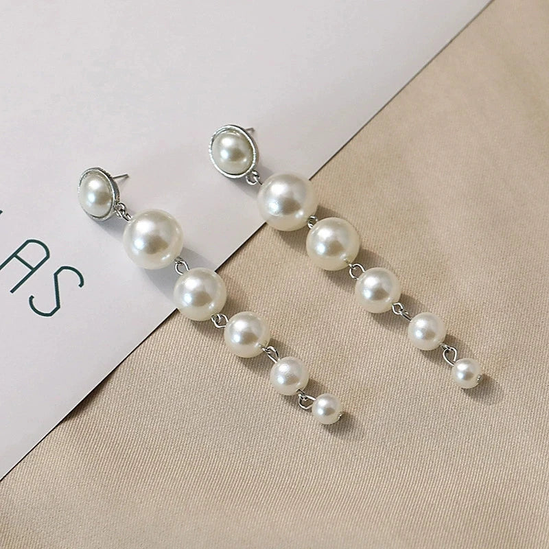 Simulated Pearl Bean Drop Earrings – Long Dangle Gold & Silver Earrings for Women