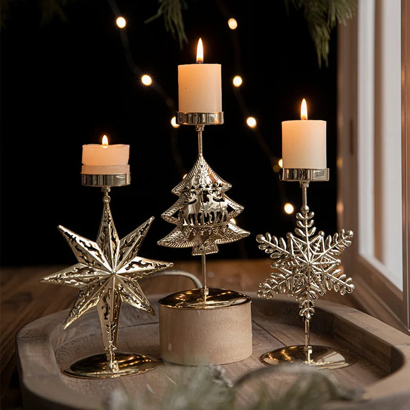 Golden Wrought Iron Christmas Candle Holder - Star, Elk & Tree Holiday Centerpiece for Table Decor