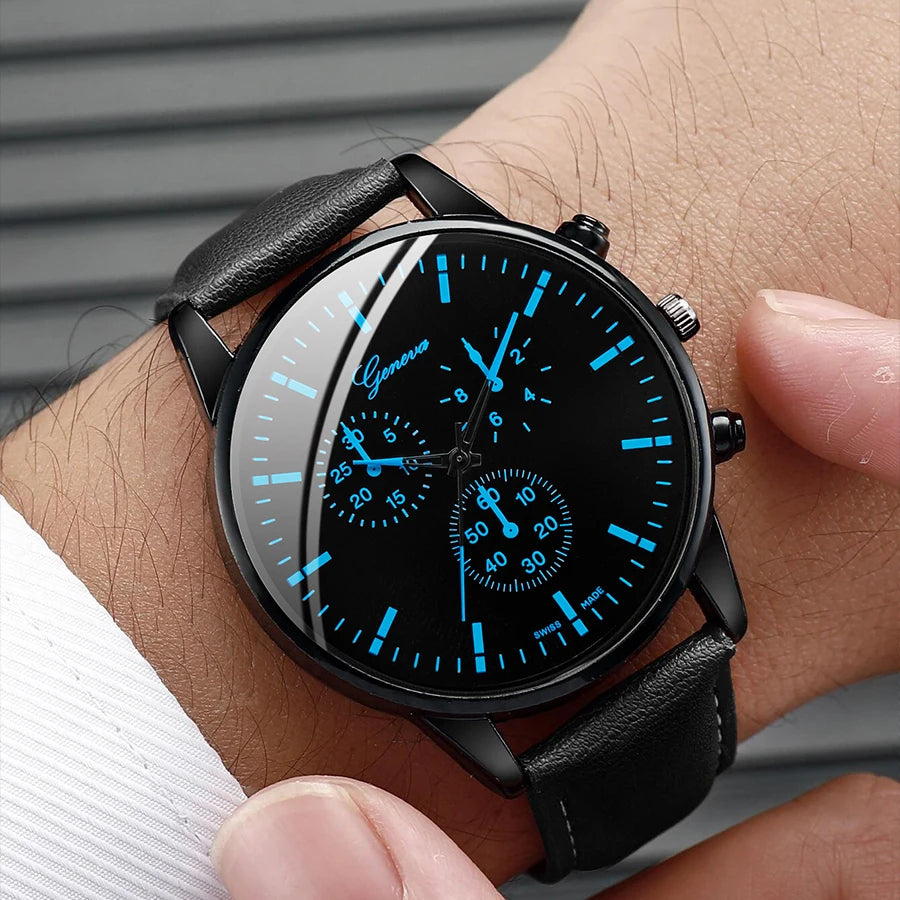 3-Piece Men's Leather Band Quartz Watch Set – 41mm Case, Necklace & Bracelet