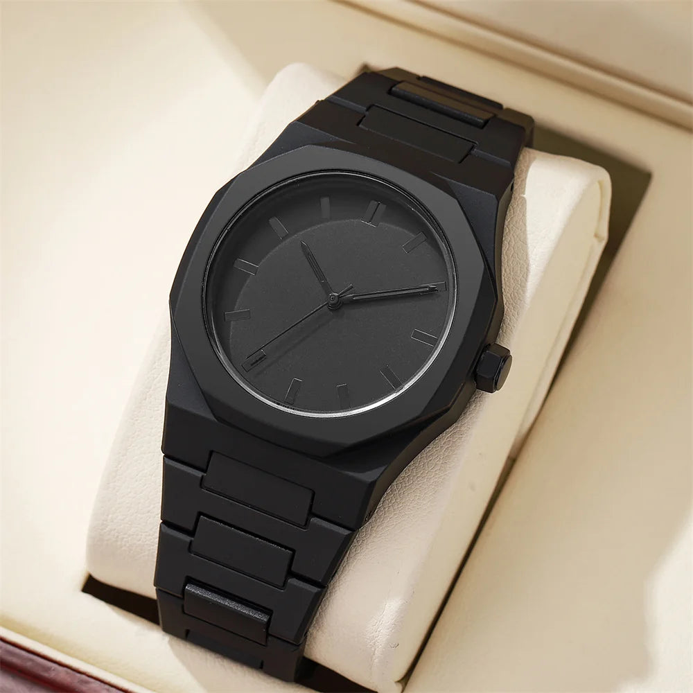 Men's Minimalist Black 38mm Quartz Watch, Large Dial with Polycarbonate Strap & Butterfly Clasp, 3ATM Water-Resistant