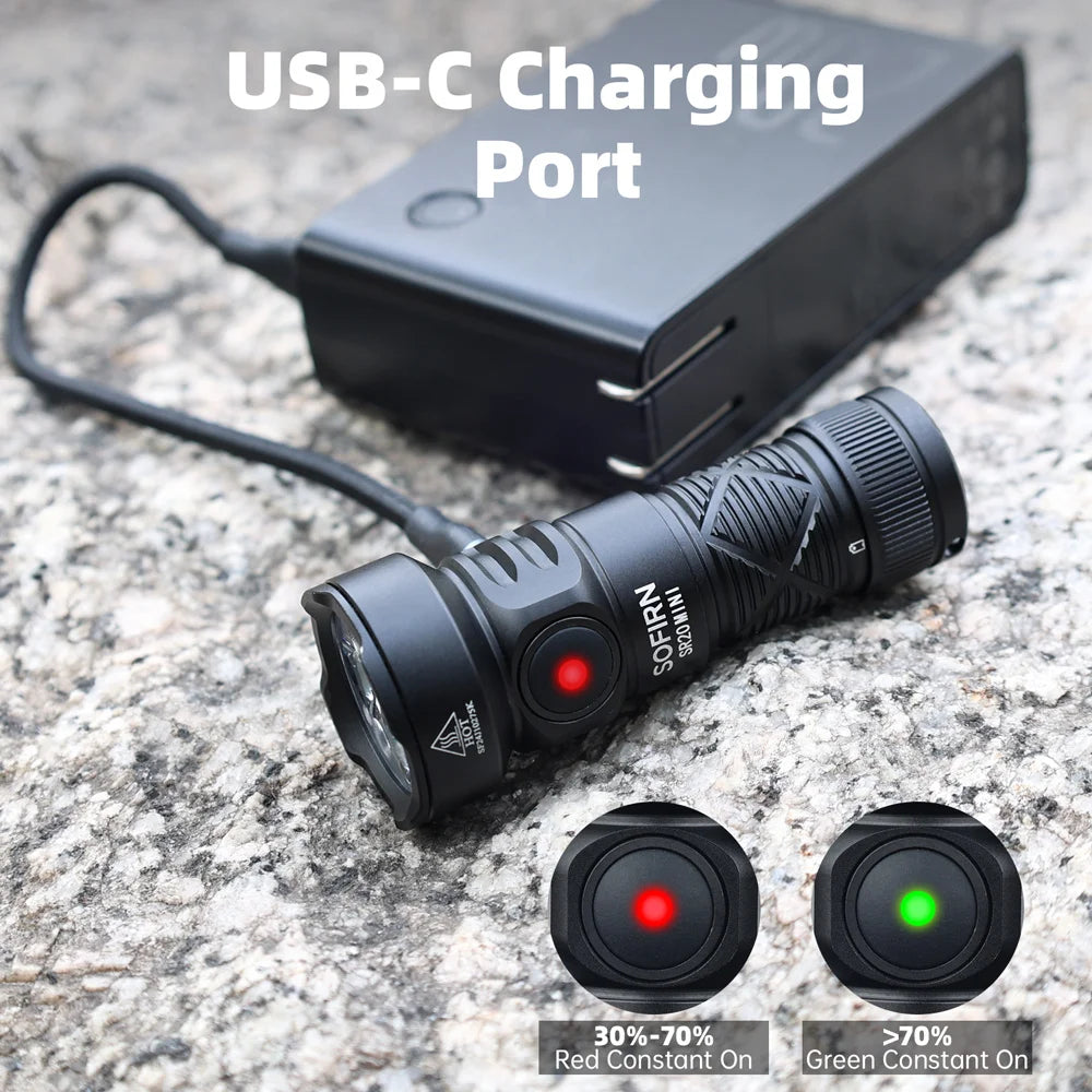 Mini 1200lm Rechargeable Flashlight – USB-C 18350 Battery, IPX8 Waterproof, Red Night-Vision LED for Camping & Emergency