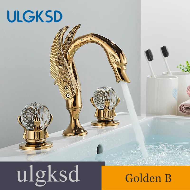 Golden Swan-Shaped Bathroom Faucet 3-Piece Basin & Tub Mixer with Dual Crystal Handles, Hot & Cold