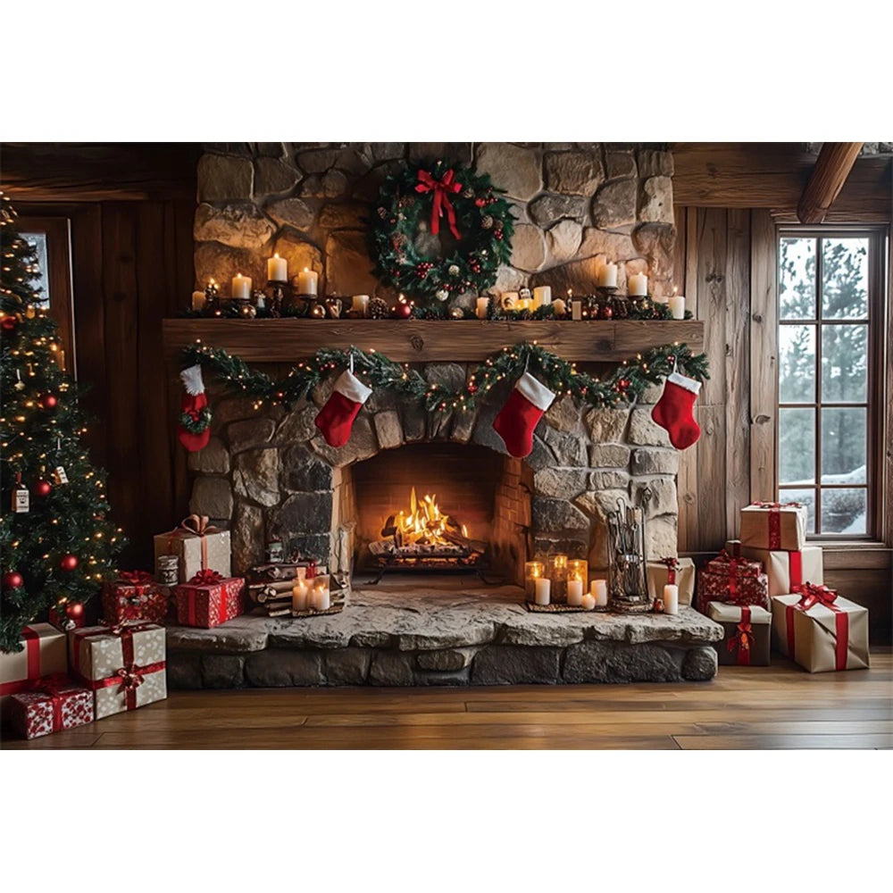 Christmas Fireplace Photography Backdrop — Gingerbread House & Wooden Window Holiday Photo Background for Kids & Family