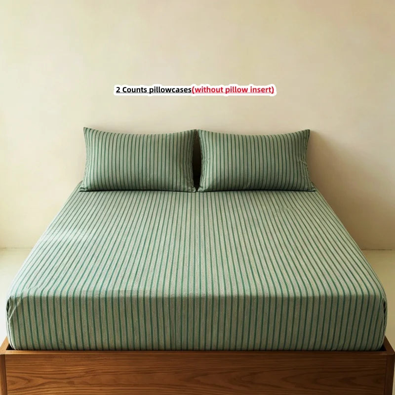 3-Piece Stripe Fitted Sheet Set – Elastic Anti-Slip Adjustable Fitted Mattress Cover with 2 Pillowcases