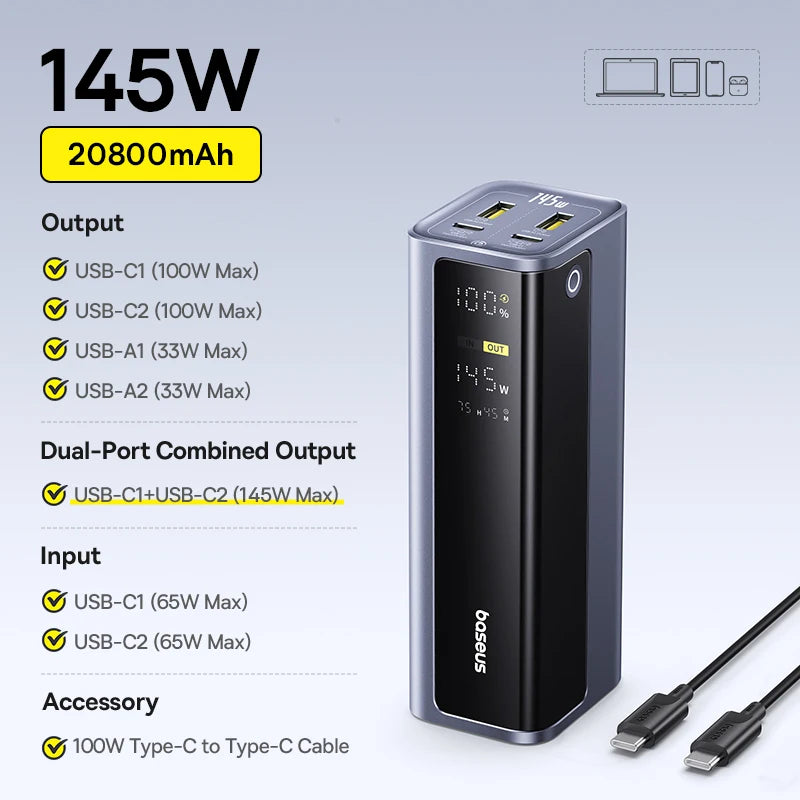 145W 20800mAh Power Bank – 100W USB-C PD Portable Charger, Dual USB-A/USB-C, Digital Display for Laptop, Phone & Gaming Handhelds
